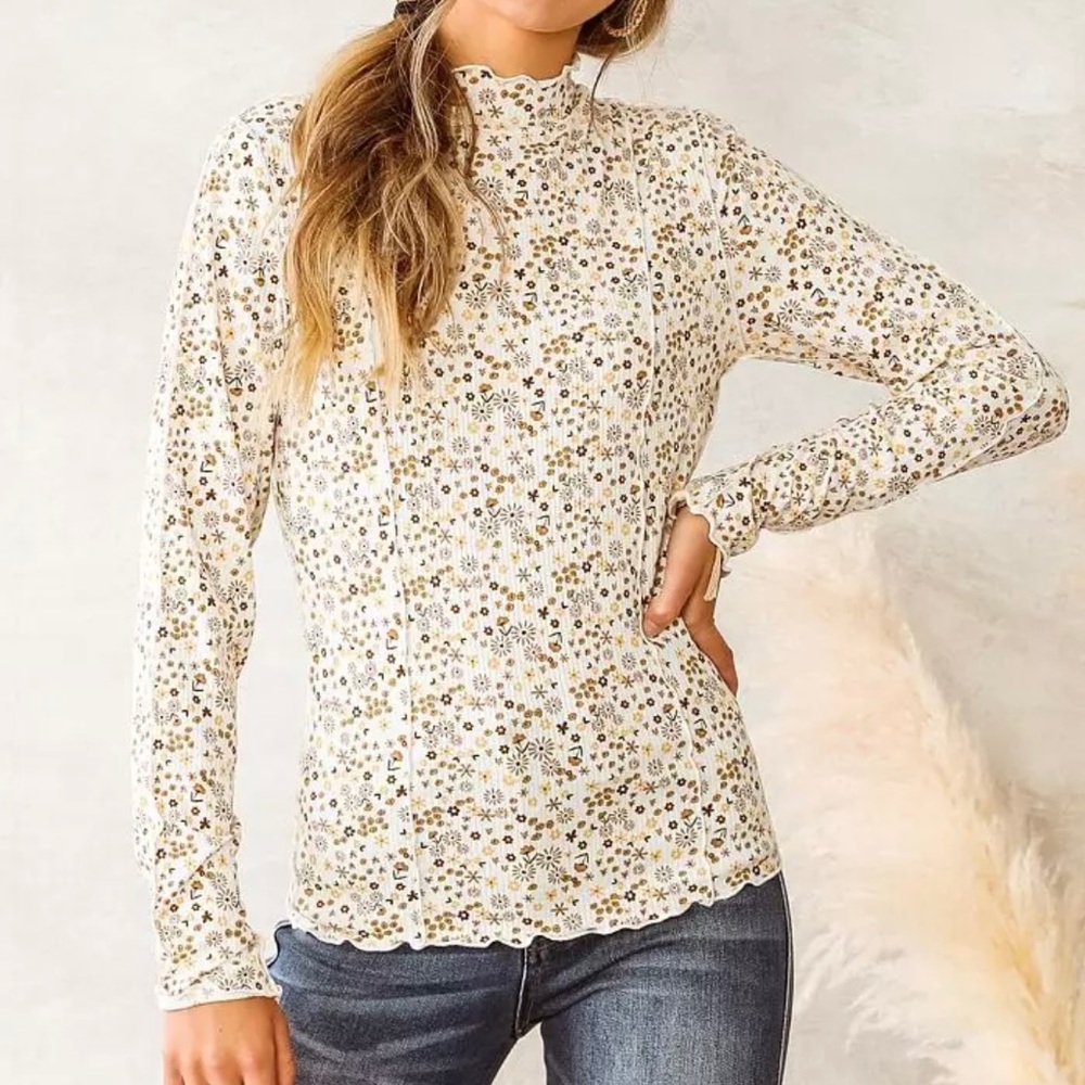 Willow and Root Floral Retro Ribbed Mock Neck Top